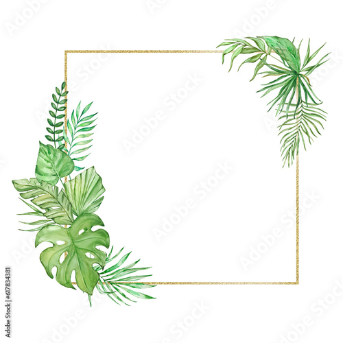 Watercolor tropical leaves with golden geometric square frame