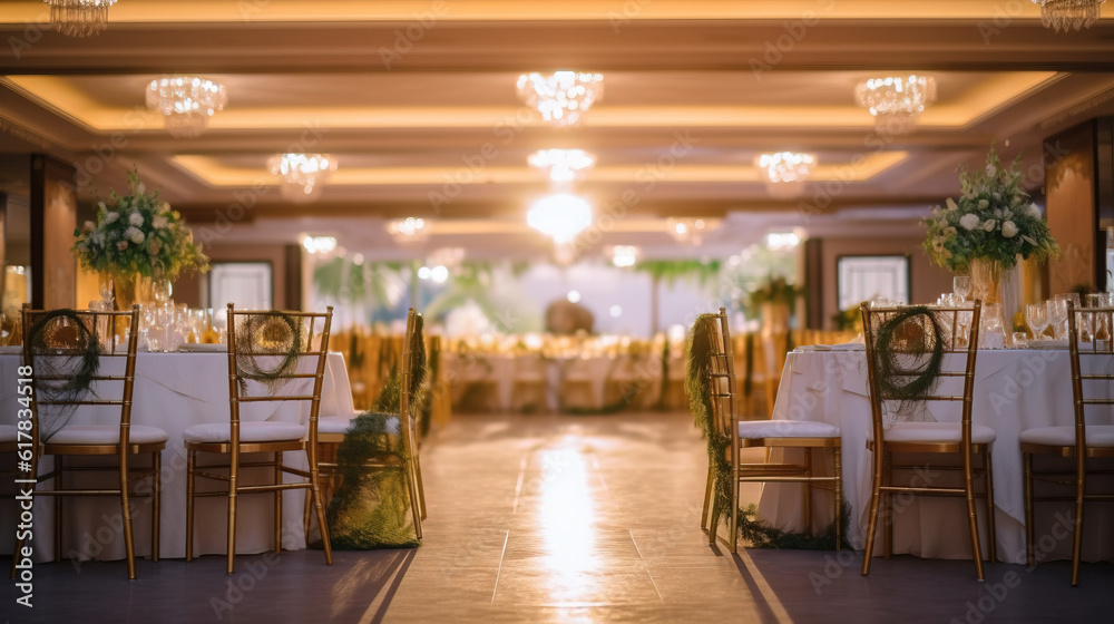 Wedding banquet festive restaurant hall decorated with flowers. AI generated.