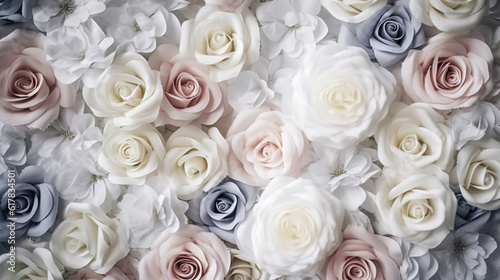 Colored roses festive wedding background  top view  white roses. AI generated.