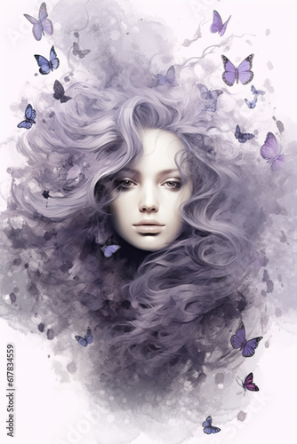 Illustration of a beautiful woman face with lavender flowers hair. Generative AI.