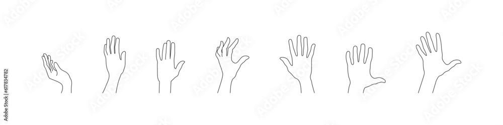 Hand gesture black outline vector isolated set. Raised hands different gestures. Human palm flat pose collection. Hand gesture black outline vector isolated set. Raised hands different gestures. Human palm flat pose collection.