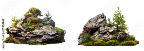 Forest landscape. Path between rocks and firtrees,  isolated on transparent background