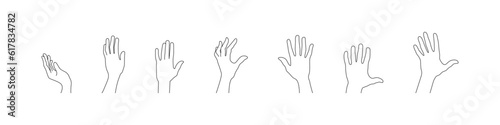 Hand gesture black outline vector isolated set. Raised hands different gestures. Human palm flat pose collection.