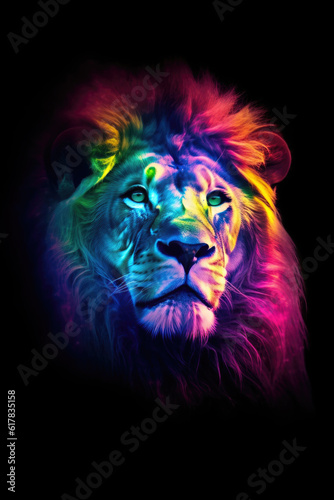 Lion coloring rainbow on a black background. Generative AI