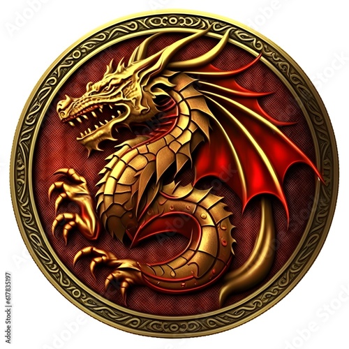 2D Dragon with crown logo simplified round red and gold transparent background png 