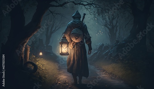 a medieval human character from behind holding a lantern walking in woodlands  © Cora