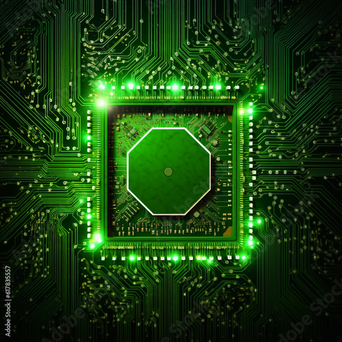 Concept of green technology. green recycle sign on circuit board technology innovations. Environment Green Technology Computer Chip.Green Computing, Green Technology. Generative AI