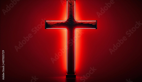 A glowing church cross against the backdrop of red neon. Generative AI.