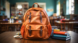 Backpack with books on top of a desk in a school classroom. Back to school. Generative ai