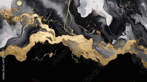 Elegant black alcohol ink background with gold glitter elements. Generative AI