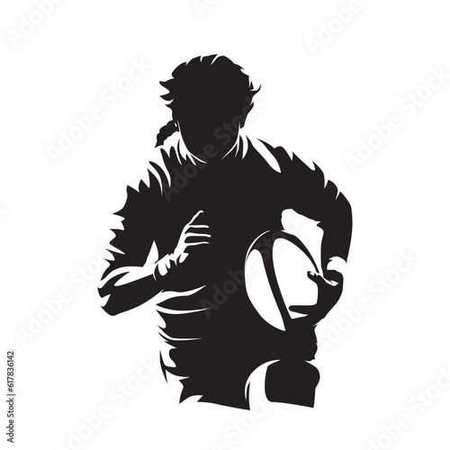 Female rugby player, woman holding ball and running, isolated vector silhouette, front view