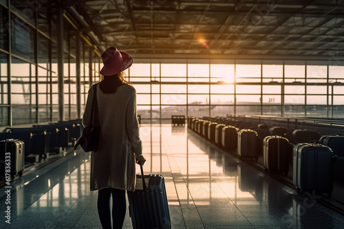 Travel concept. Young woman seen from back, holding luggage at the airport