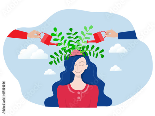 mental health concept.Hand water tree pop up form girl's head and brain ,development, illness,medical care treatment concept 