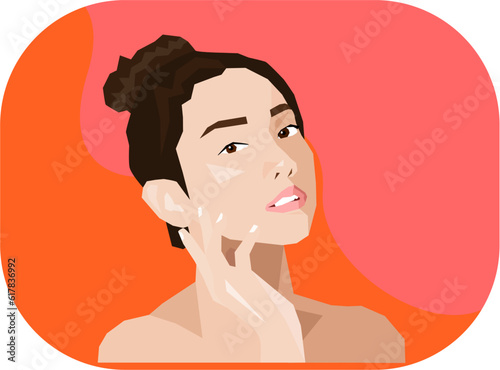 asian korean japanese chinese woman girl portrait applying cream on her face hand dark hair in a bun lips pink vector illustration flat geometric minimalistic simple beauty brand cosmetic cosmetics 