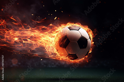 Flame soccer ball flying, abstract football symbol on the black background © Inga