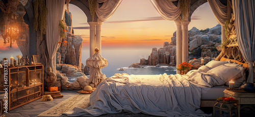 Fotografie, Tablou Illustration of a bedroom carved into the cliffs overlooking the ocean