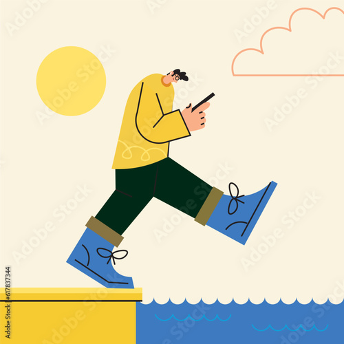 inattentive distracted pedestrian walks with a smartphone in his hands to the edge of a cliff into the water. Flat design, vector illustration