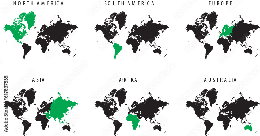 Zestaw map świata z zaznaczonymi kontynentami.  - obrazy, fototapety, plakaty 