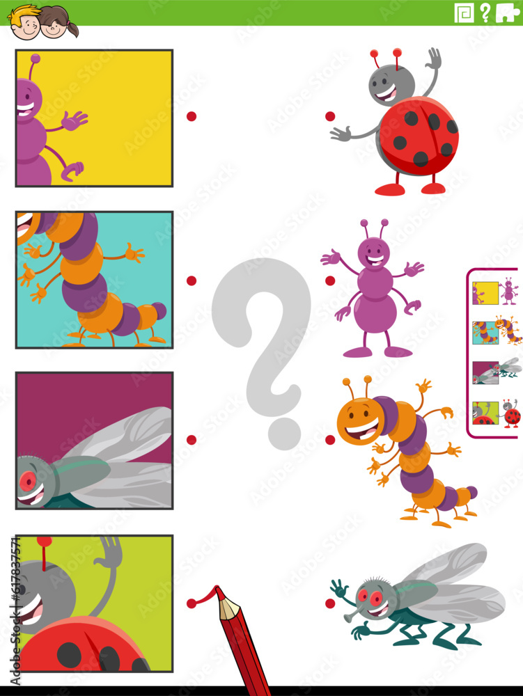 Fototapeta match cartoon insects and clippings educational activity