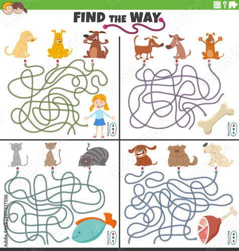 find the way maze games set with cartoon pets