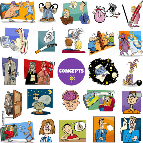 cartoon concepts or metaphors with comic characters big set