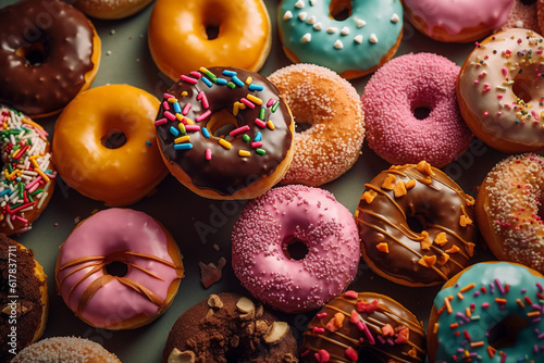 Colourful Donuts background. Top view of assorted glazed donuts. 