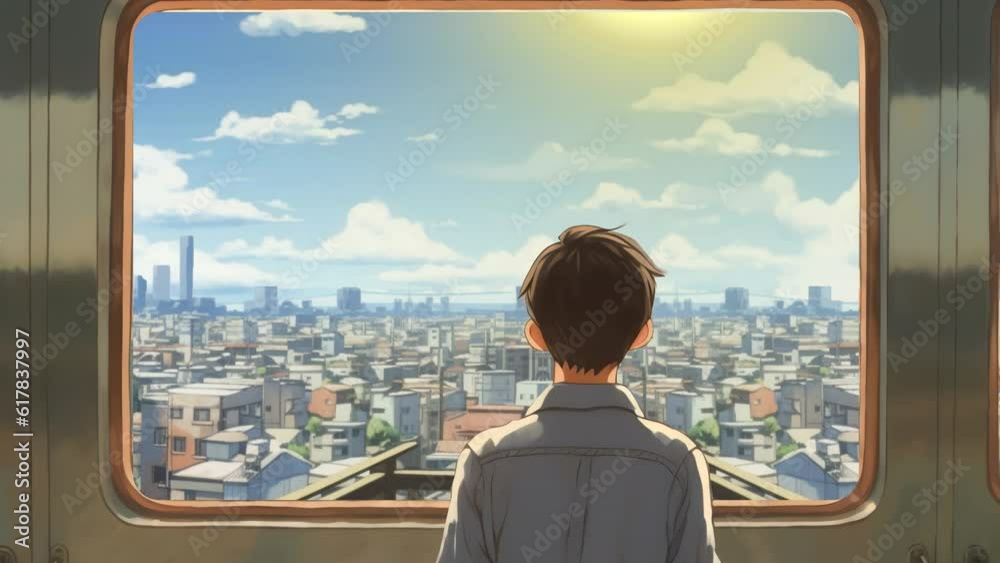 a young man looking through train windows suitable for anime footage
