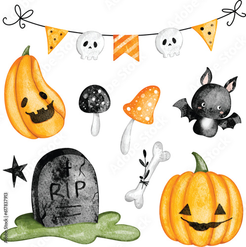 Watercolor illustration set of Halloween clipart
