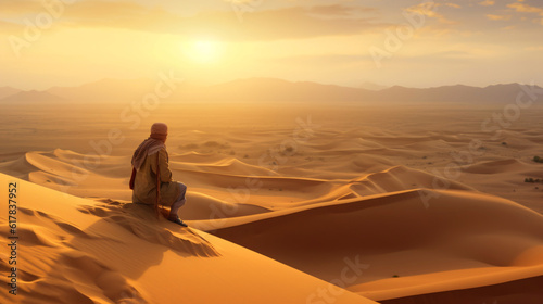 a lonely nomad walking in the desert landscape with dunes and patterns of sand  fictional landscape created with generative ai