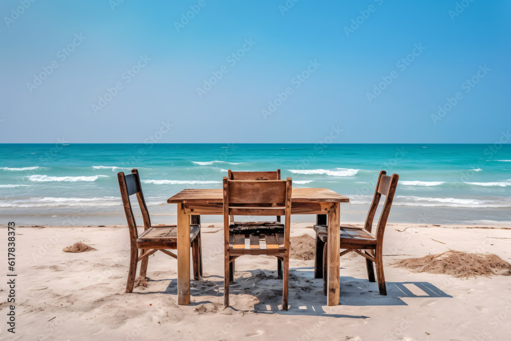 Chair and table dinning on the beach and sea with blue sky photography