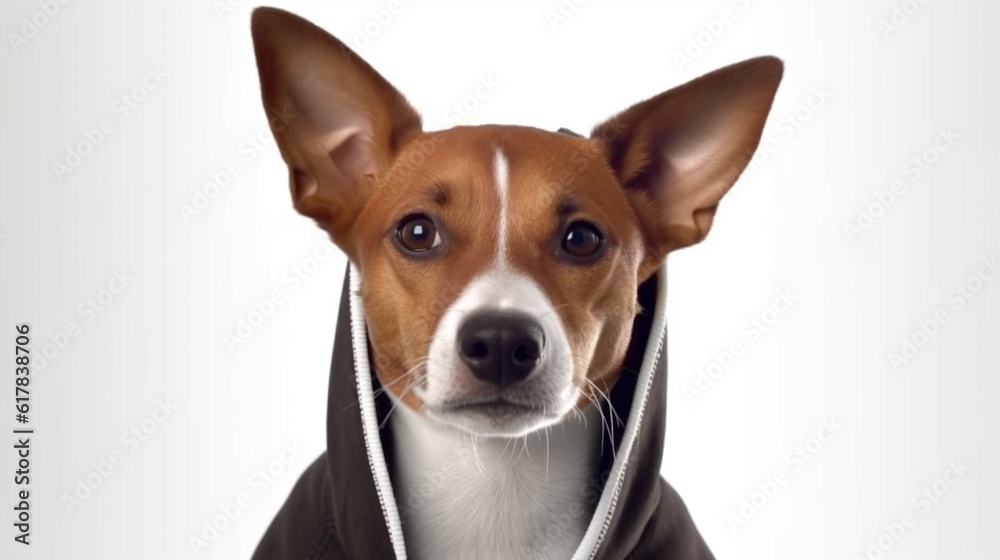 Brown and white basenji dog in a black hoodie with met.Generative AI