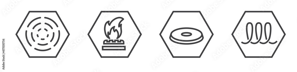 Induction, electro, gas and ceramic icons, cookware pans surface suitable use logo signs - vector line icons - thin line icon collection on white background Induction, electro, gas and ceramic icons, cookware pans surface suitable use logo signs - vector line icons - thin line icon collection on white background
