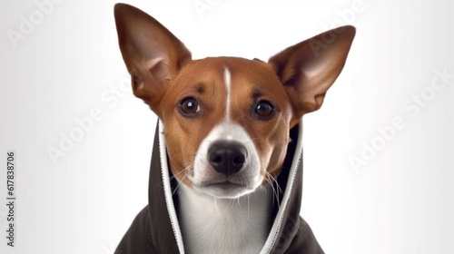 Brown and white basenji dog in a black hoodie with met.Generative AI