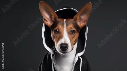 Brown and white basenji dog in a black hoodie with met.Generative AI