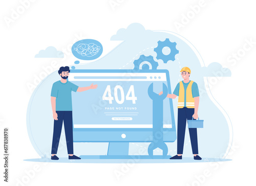 Technician fix a bug error 404, trending flat illustration