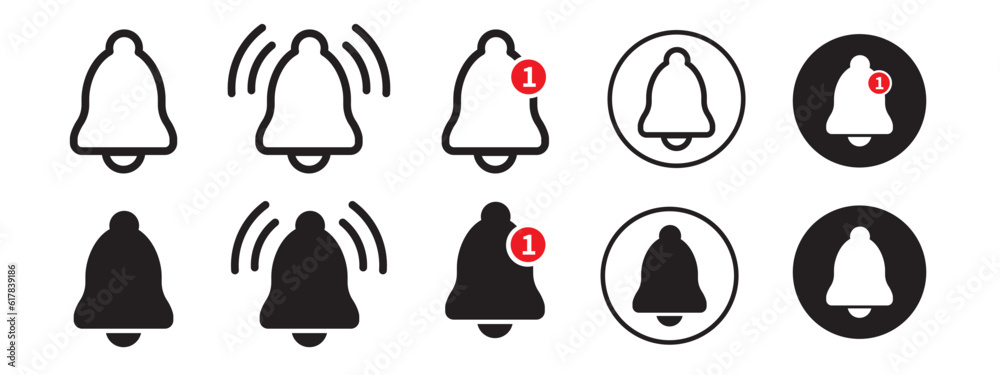 Notification bell vector icon set collection. Black and white flat Push notification web sign and symbol for app ui.
Notification bell vector icon set collection. Black and white flat Push notification web sign and symbol for app ui.