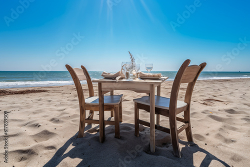 Chair and table dinning on the beach and sea with blue sky photography