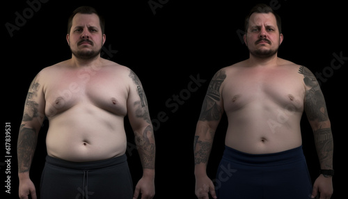 Muscular tattooed athlete with confidence, standing shirtless on black background generated by AI