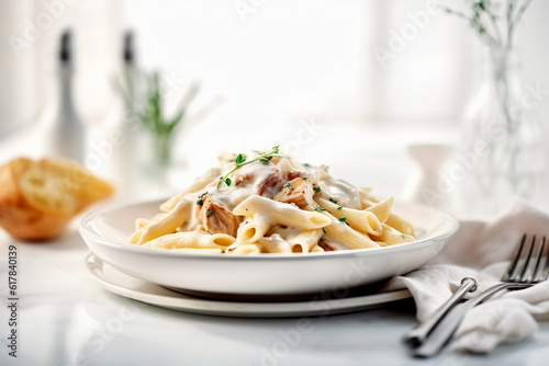 Pasta ravioli with mushroom cream sauce. Generative AI photo