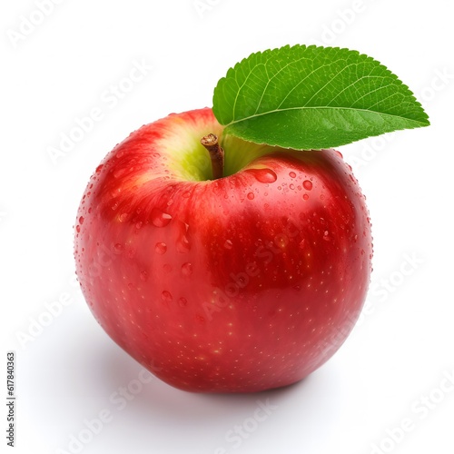 Red apple with green leaf isolated on white background. 