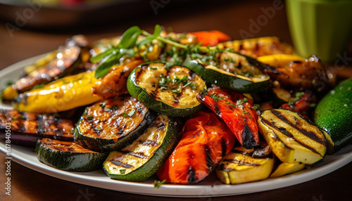 Grilled vegetable plate with eggplant, tomato, and yellow bell pepper generated by AI