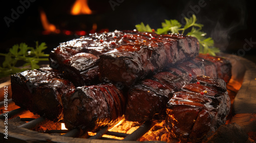 Tender smoky ribs slathered in barbecue sauce and sprinkled with leek