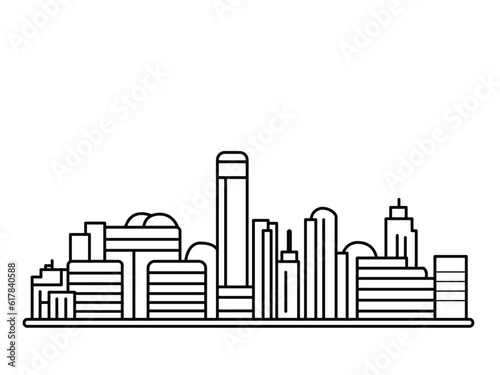 Black and white vector line art illustration of an eco city using renewable energy, eco friendly modern urban landscape with ecological infrastructure and solar panels.
