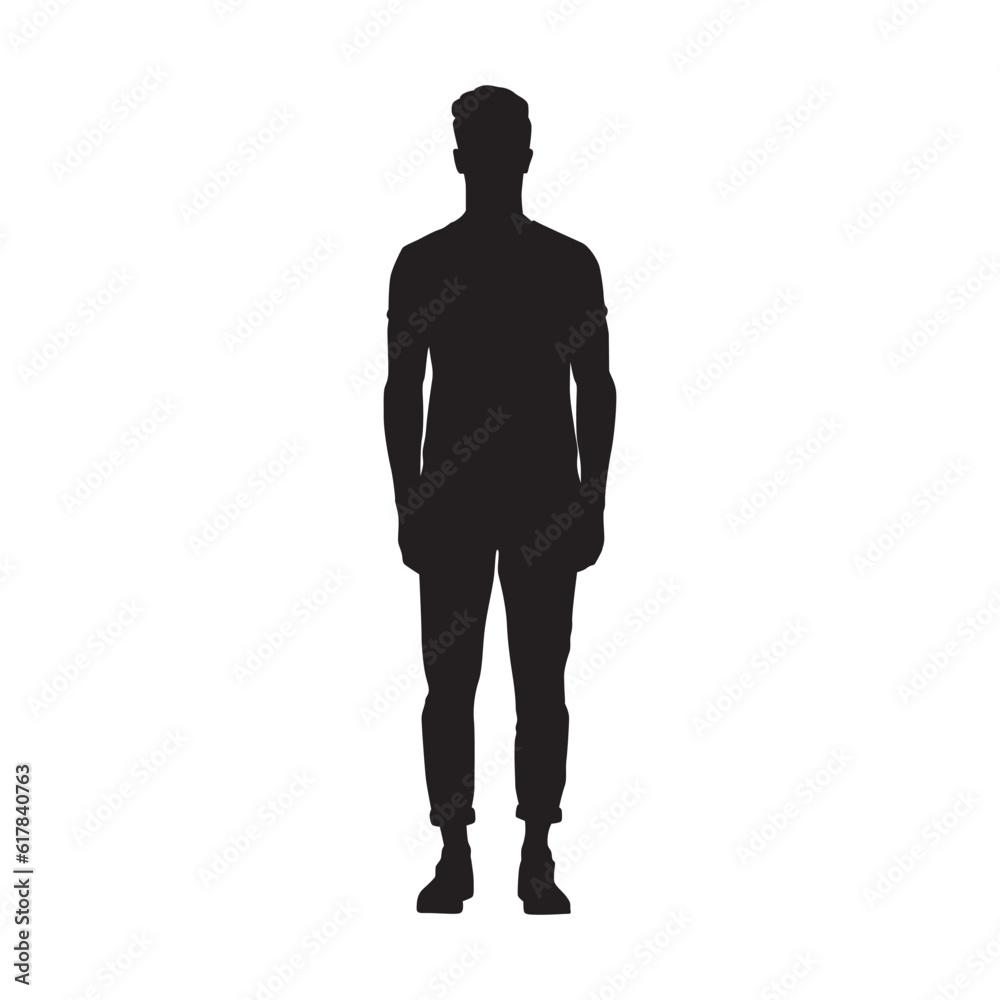 Young man standing, front view, isolated vector silhouette