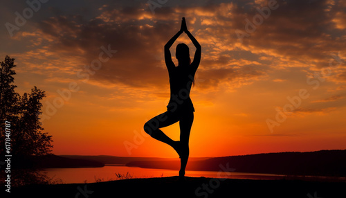 One woman practicing yoga in serene sunset landscape with reflection generated by AI