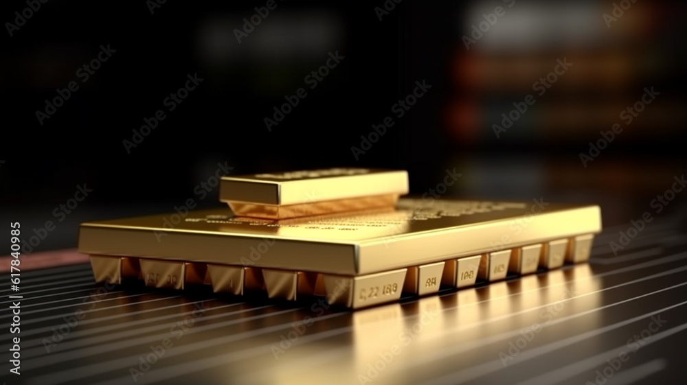 Gold bar resting on a stocks and shares graph representing investment. Generative AI Gold bar resting on a stocks and shares graph representing investment. Generative AI