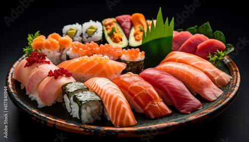 Fresh seafood meal: sushi, sashimi, and California roll variations generated by AI
