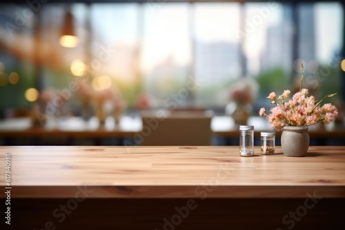Beautiful empty brown wooden table top and blurred defocused window outside interior background with daylight flare, product montage display. generative ai
