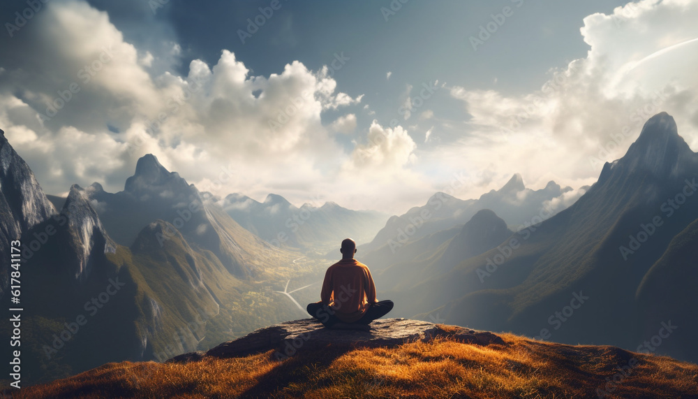 One person meditates in lotus position on mountain peak generated by AI