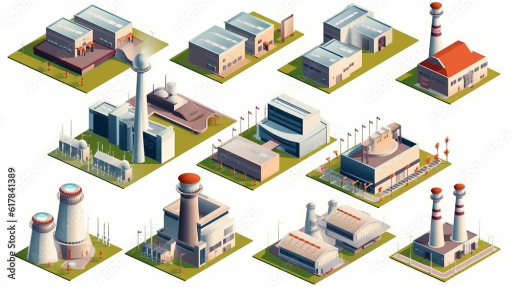 Industrial energy buildings set in isometric design. Power plants and alternative green hydro electric generation stations. Nuclear fuel reactor power. Geothermal or wind stations. Generative AI